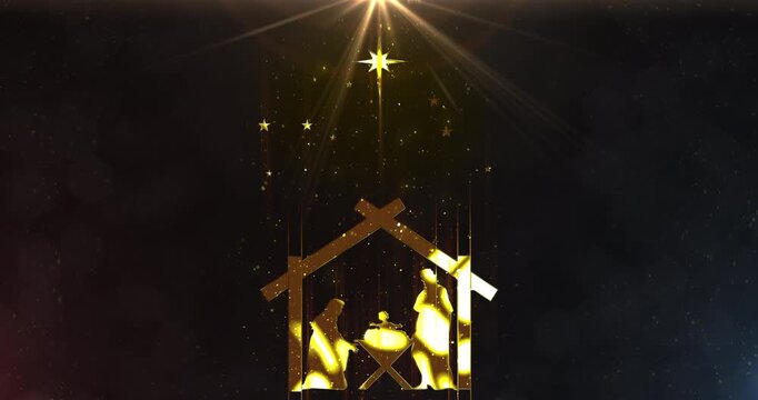 Bright Christmas scene animation with light particles Joseph and Mary praying in the manger. Seamless Loop of Nativity Christmas story under big star. 4k
