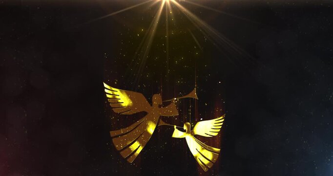 Two shining Christmas angels playing with trumpets in light particles background and Merry Christmas text. Seamless loop of angels singing 4k