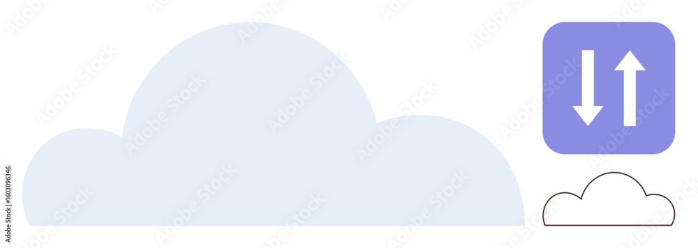 Poster large cloud with upload and download arrows signifying data transfer. ideal for technology, data sto