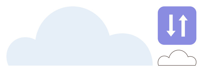 Large cloud with upload and download arrows signifying data transfer. Ideal for technology, data storage, cloud computing, synchronization, communication, connectivity, and file sharing themes
