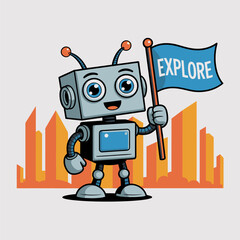 Robot waving explore flag on fall skyline background, great for educational poster or autumn themed kids sticker  