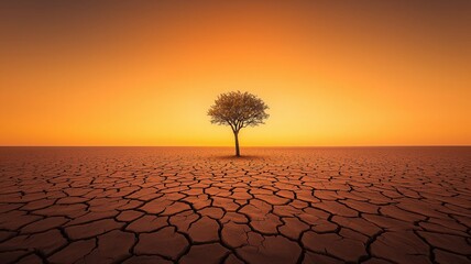lone tree in cracked desert landscape at sunset