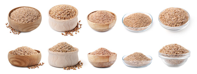 Buckwheat bran in bowls isolated on white, set