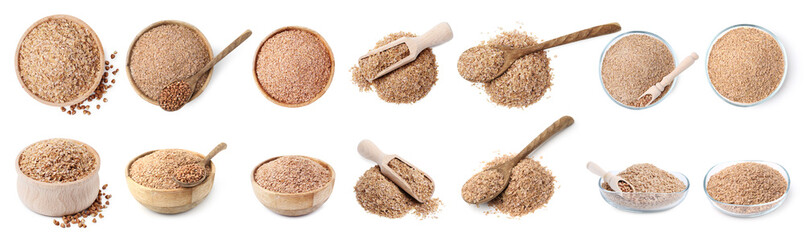 Buckwheat bran isolated on white, set. Top and side view