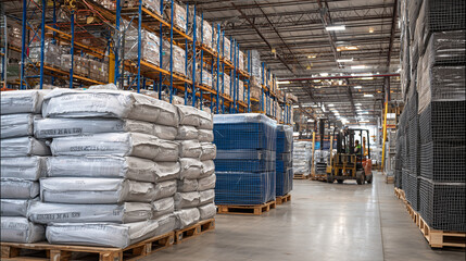 Warehouse aisle filled with massive bags of cement and stacks of rebar mesh panels, echoing sounds of forklifts moving in background