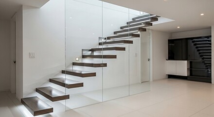 Modern floating staircase with illuminated wooden treads and a glass balustrade in a minimalist luxury home.