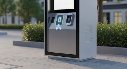 A modern kiosk with touch screen, fingerprint sensor, and card reader, outdoors.