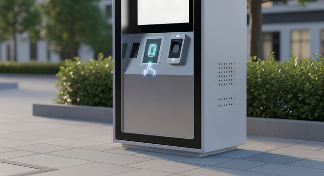 A modern kiosk with touch screen, fingerprint sensor, and card reader, outdoors.