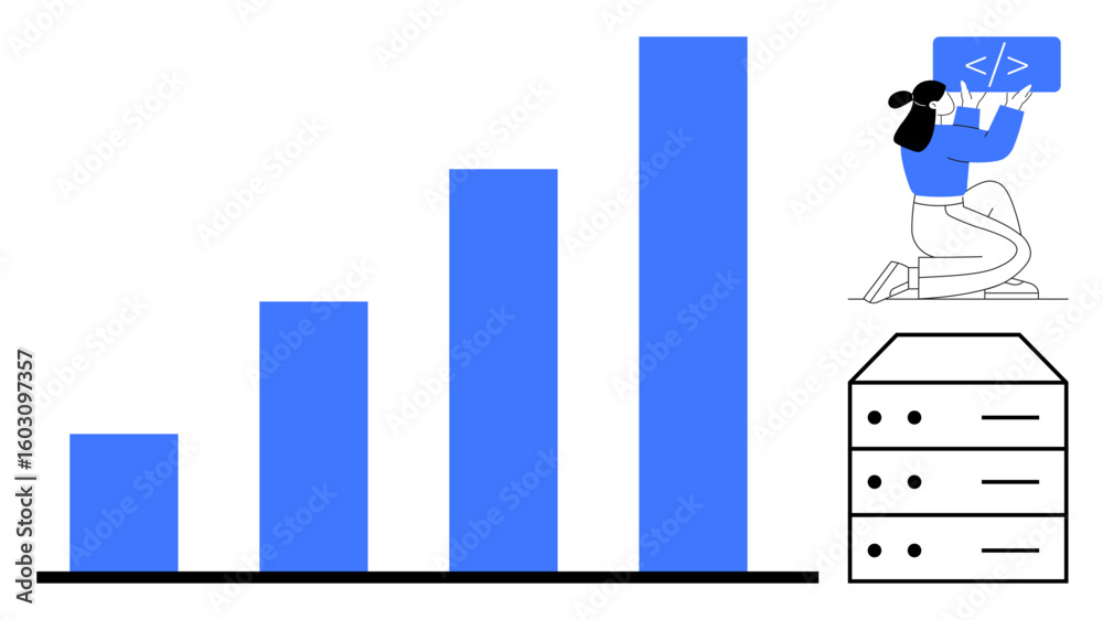 Poster Blue bar chart representing growth, person coding with a laptop, server icon. Ideal for tech progress, data analysis, innovation, software development, coding, IT infrastructure simple landing page