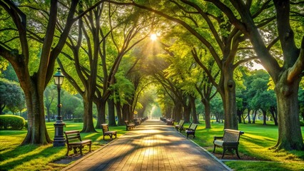 Photo of a sundrenched park pathway lined with trees and benches