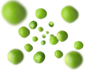 Fresh green peas falling on white background