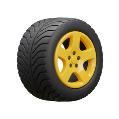 Obraz premium Car wheel with yellow rim, 3d rendered, isolated on transparent background