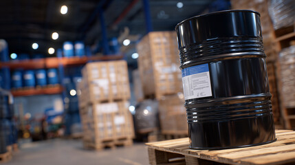 Close-up of glossy black oil barrel with detailed safety labels and barcodes, surrounded by pallets of similar barrels in a tightly packed storage area, faint oil sheen reflecting