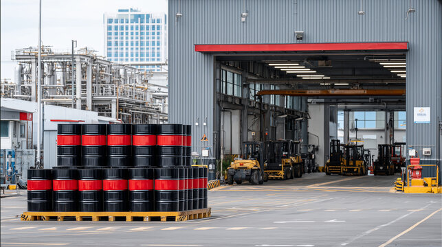 Industrial oil depot with black and red barrels stacked in pyramid formation near loading docks, heavy machinery parked alongside, muted grey sky visible through open warehouse doo