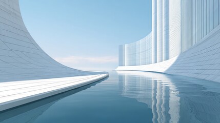 Fototapeta premium A serene architectural rendering depicts a flowing waterway within a futuristic, white structure, evoking a sense of calm and spaciousness through its minimalist design.