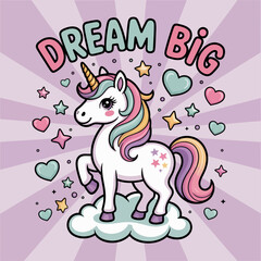 Dream big card with unicorn, pastel stars, purple rays, playful script, printable sticker, autumn poster design