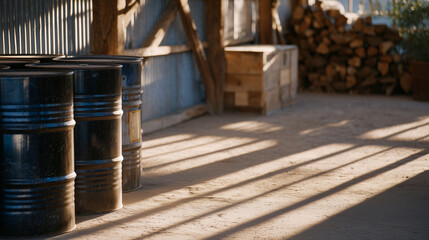 Weathered black oil barrels covered in light dust, arranged in a semi-open warehouse with corrugated metal walls and high ceilings, sunlight filtering through gaps creating pattern