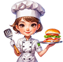 Female chef with a tray of hamburgers and a spatula.