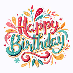 Obraz premium Colorful Happy Birthday lettering with floral elements.