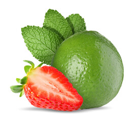 Fresh lime, strawberry and mint leaves isolated on white