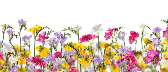 Many beautiful freesia flowers on white background. Banner design