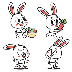 Fototapeta premium Four happy cartoon bunnies engaged in various activities silhouette