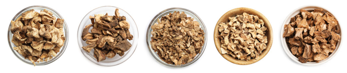 Pieces of dry chicory root in bowls isolated on white, set. Top view