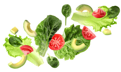 Fresh vegetables for salad flying against white background