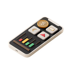 3 D plastic style cryptocurrency trading app interface with Bitcoin symbol and charts isolated on a transparent background