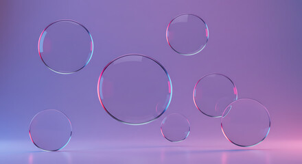A futuristic backdrop featuring transparent glass spheres that reflect vibrant purple and pink neon lights. An abstract 3D render.