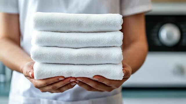 A person stands in a bright kitchen filled with natural light, carefully holding a stack of neatly arranged white towels