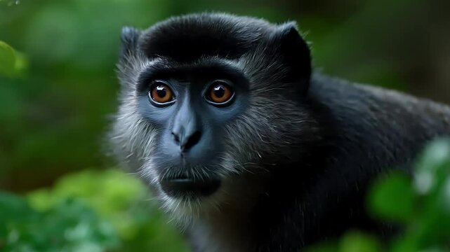 A curious monkey peeks through lush green foliage in a vibrant forest