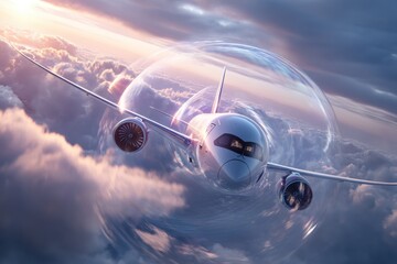 Sleek futuristic airliner flying over globe hologram with destination arcs, clean clouds and sunset background, red and white livery without logos, airplane closeup from bottom angle.