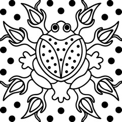 Stylized frog mandala with polka dots and floral elements silhouette