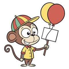 Fototapeta premium Happy cartoon monkey holding balloons and a blank sign silhouette