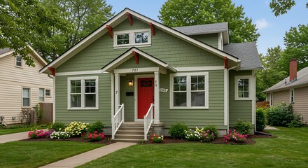 Small cute craftsman American house featuring green and white and red door.