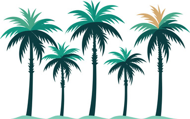 Obraz premium Botanical-style watercolor illustration of five distinct palm trees with muted green fronds arranged in a staggered row on white background