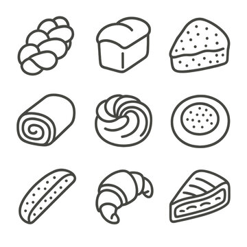 Traditional Baked Icons. Line style icons of traditional baked goods: challah bread, brioche loaf, scone, poppy roll, babka,