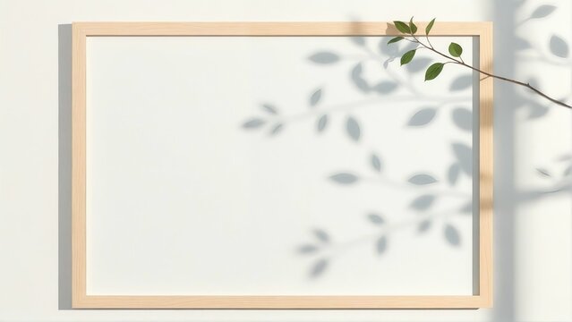 A minimalist wooden frame against a white wall casting delicate leaf shadows creating a serene natural ambiance for your artwork or photography display
