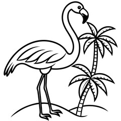A tropical flamingo stands beside palm trees silhouette