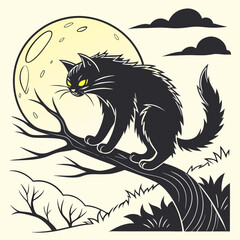Black cat perched on a tree branch under a full moon silhouette