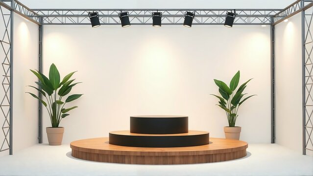 Modern Exhibition Stage with Wooden Platform and Decorative Green Plants