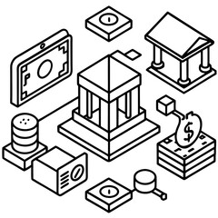 Isometric financial icons representing banking and investment concepts silhouette