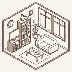 Cozy isometric living room with bookshelf sofa and coffee table silhouette
