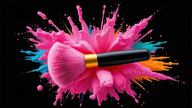 Vibrant explosion of colorful powder erupting from a makeup brush against a stark black background showcasing artistry and creativity in beauty products and makeup application techniques