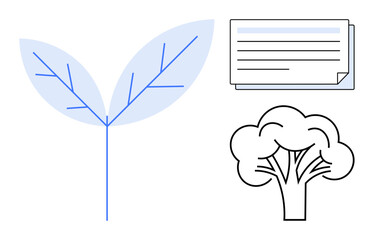 Minimal leaf design, outlined tree, and document icon emphasize nature, growth, eco-consciousness, and sustainability. Ideal for green practices, education, conservation biology ecology