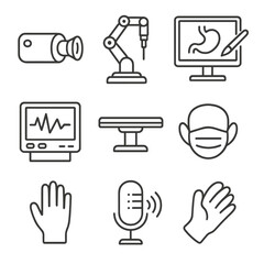 Video Surgery Tools. Outline style icons of Video Surgery Assistance: surgical camera, robotic arm, live feed screen, annotation