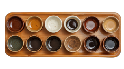 A wooden tray featuring multiple colorful bowls filled with various sauces, isolated on a white background.