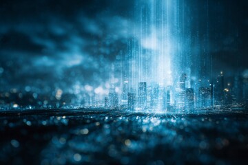 Futuristic Cityscape with Light Beams