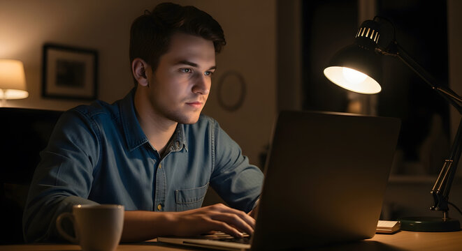 Focused young man working diligently on a laptop late at night in his dark room